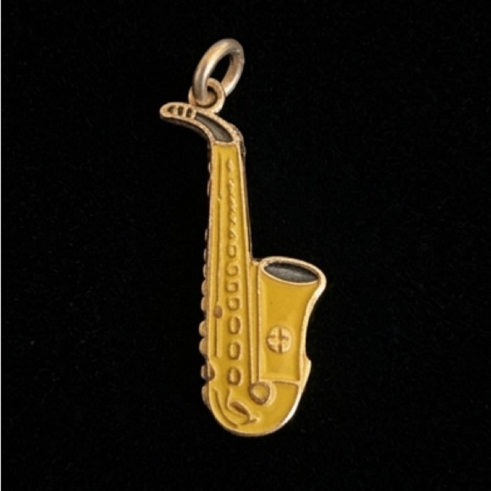 VTG R.L. Griffith & Sons Sterling Silver, Yellow Enamel Saxophone Charm gold plt